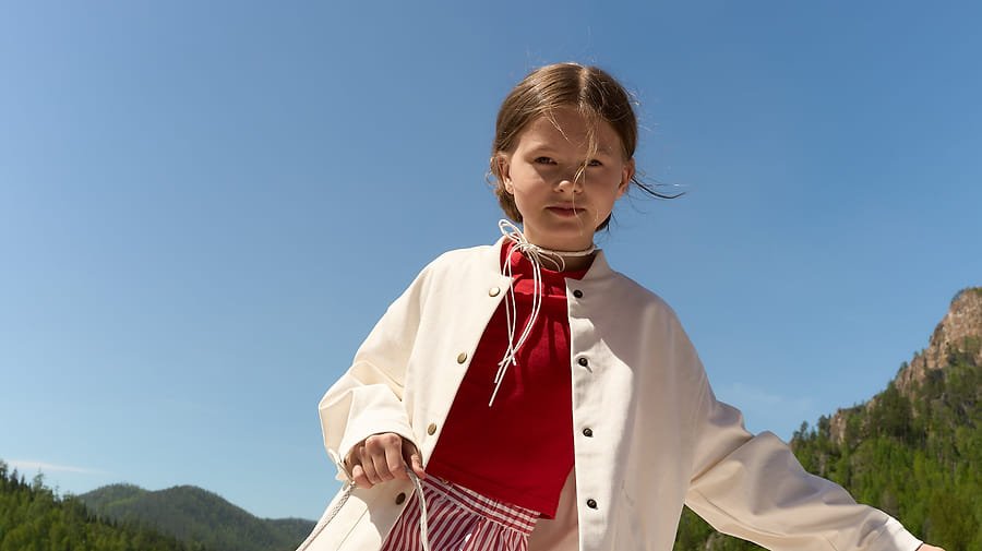 Red-and-white ruffle skirt in motion